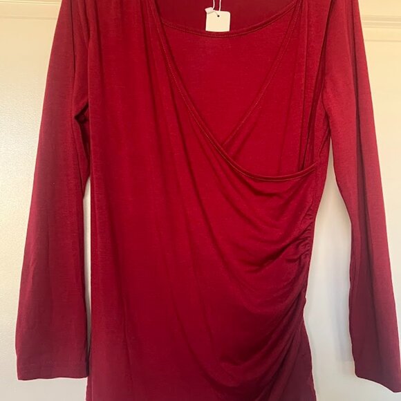 NWT FIT GLAM Burgundy Long Sleeve Faux Wrap Jersey Top Shirt Size Large NEW - Picture 4 of 7